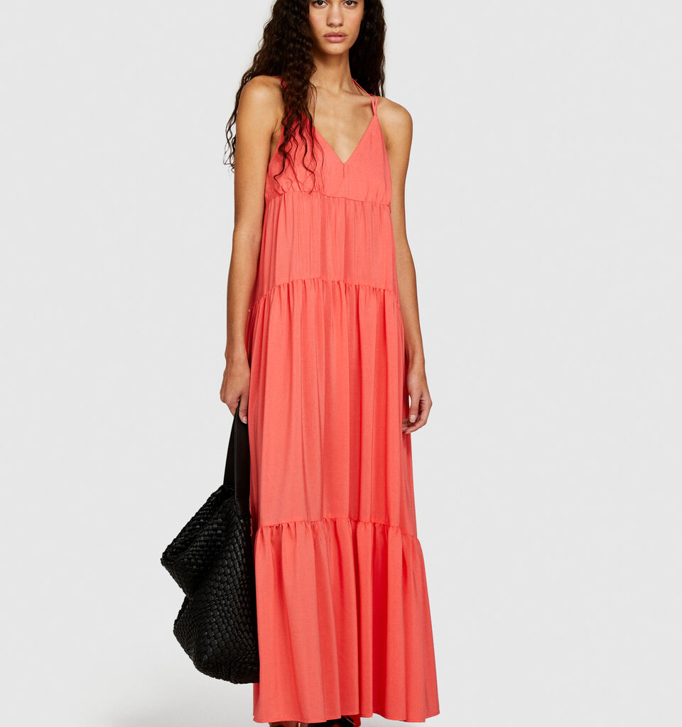 Long dress with ruffle - women's long dresses - Coral | Sisley image number 1